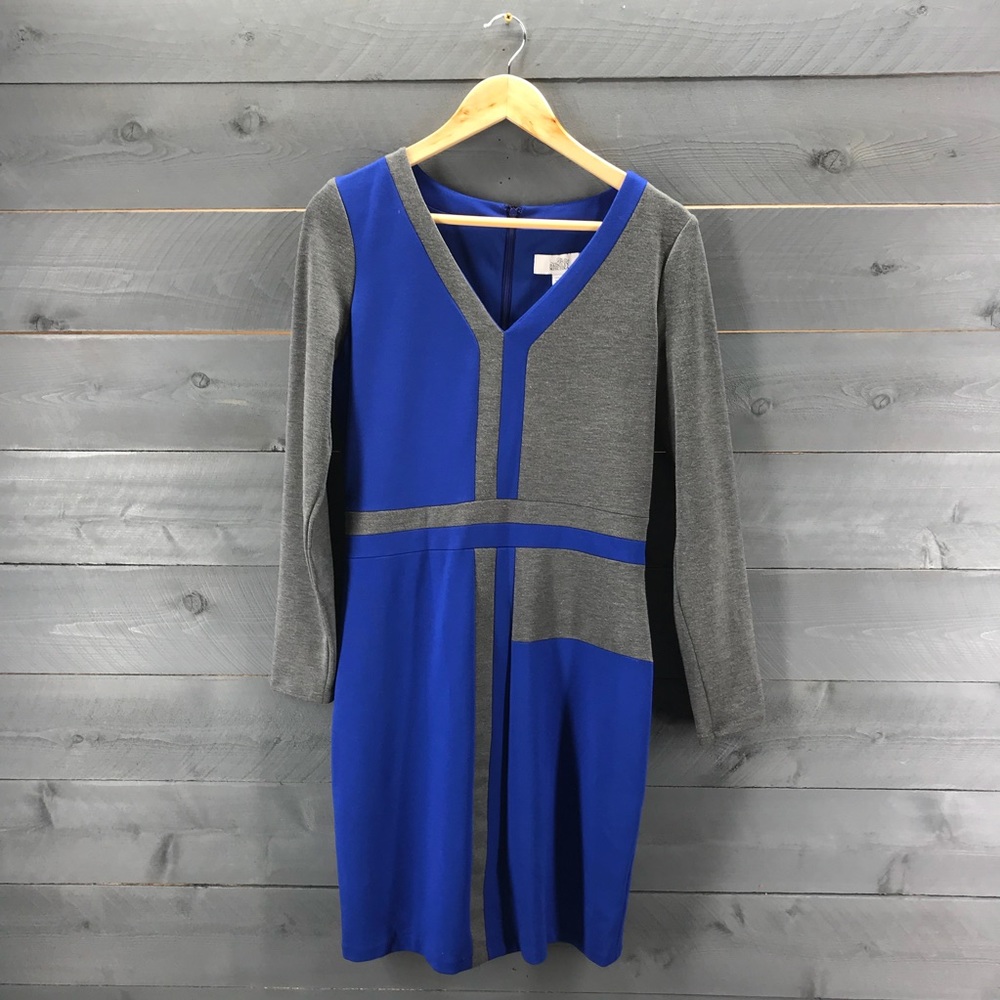 Badgley Mischka Blue and Gray Long Sleeve Colorblock Sheath Dress